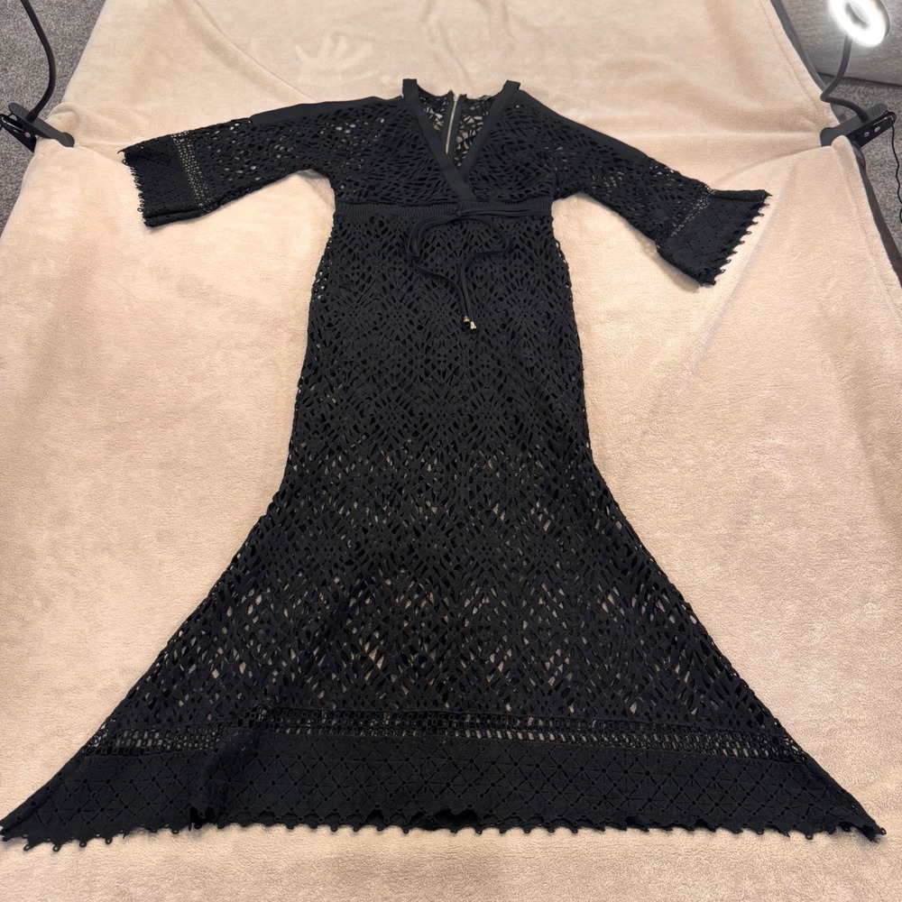 The Clothing Company Crochet Swim Cover Bell Sleeve Maxi Dress Witchy Boho Sz M - Picture 2 of 16